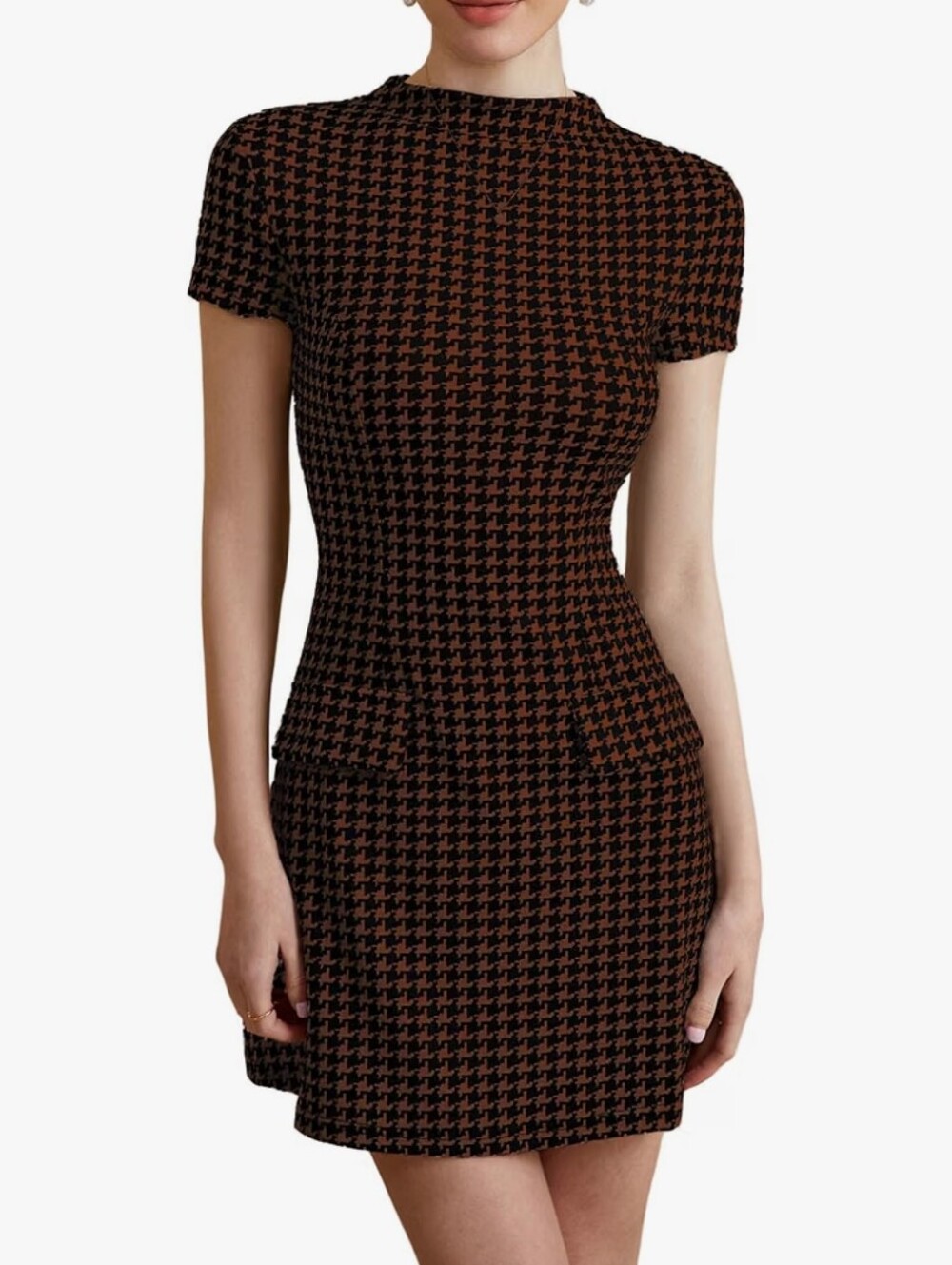 Women's Brown and Black Houndstooth Short-Sleeve Dress